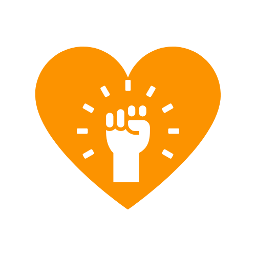 Orange heart with power lines emanating from hand reaching up in center of heart. From Resilient.Games